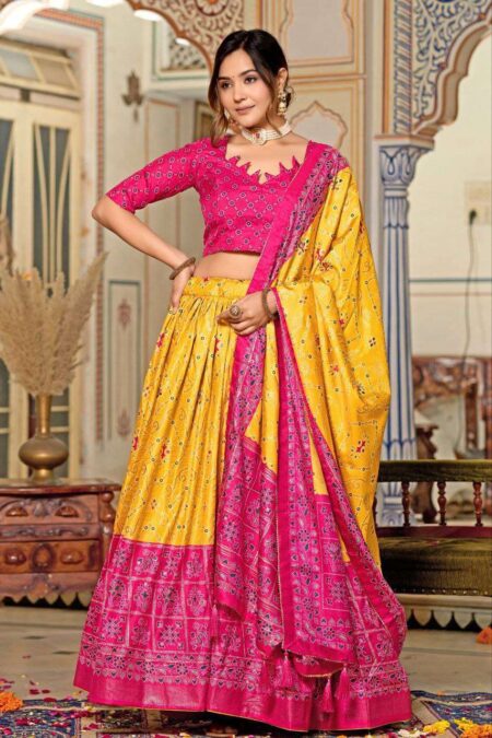 Women's Tussar Silk Patola Print Lehenga Choli Dupatta Set
